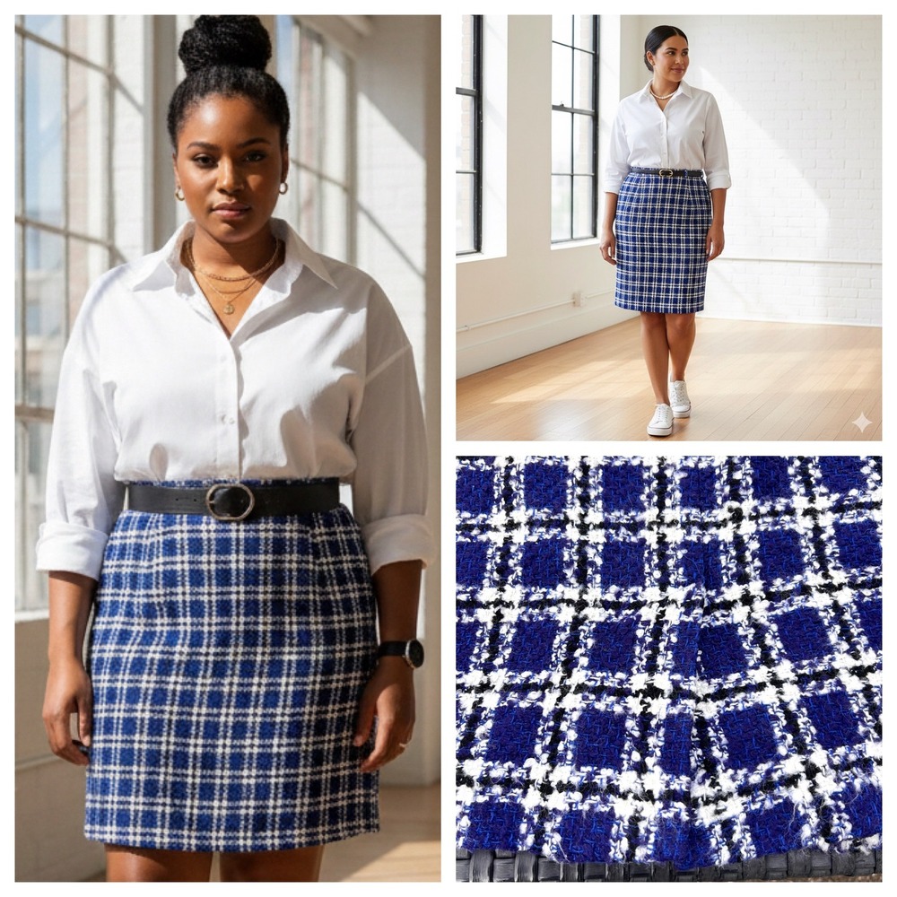 Vintage 90's Liz Claiborne Plaid Tweed Skirt Plus Size 20 Petite Blue Preppy‎